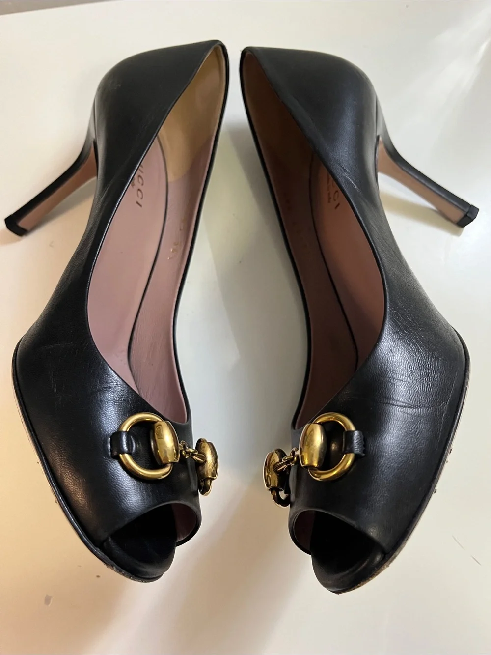 Gucci Black Leather Peep-Toe Pumps with Gold Horsebit